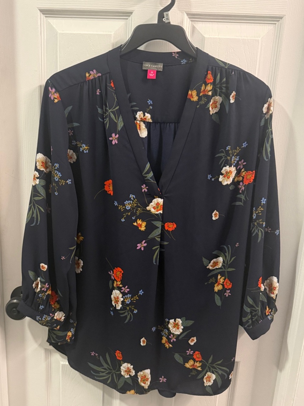 Vince Camuto Navy Floral Split V-Neck Blouse